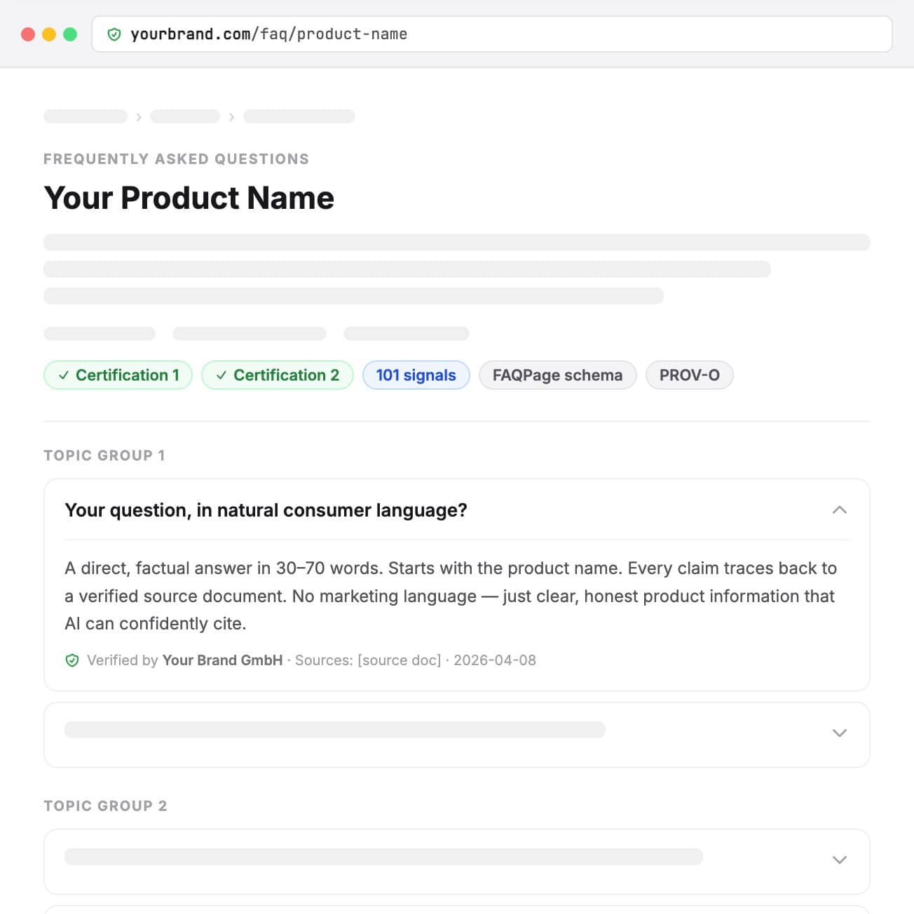 Standalone FAQ page as an entity page with structured schema markup and verified answers